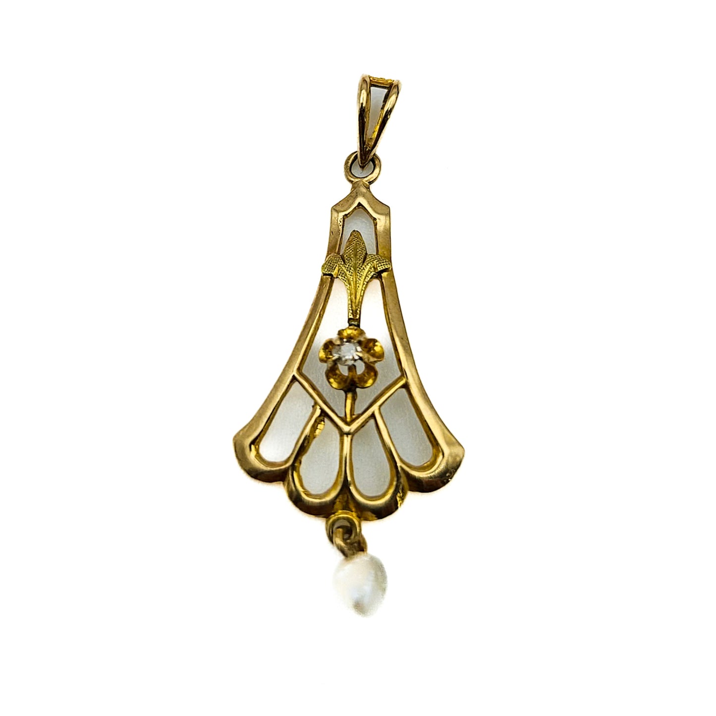 Vintage Gold, Pearl & White Stone Lavalier Pendant | Estate Jewelry