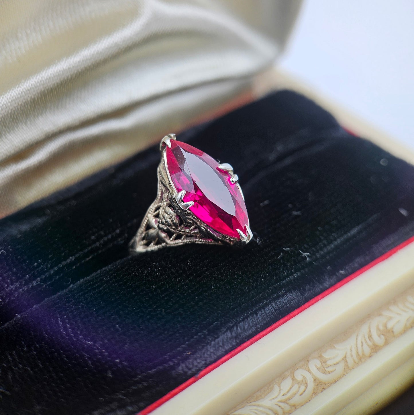 14k White Gold Synthetic Ruby Filigree Ring | Art Deco Estate Jewelry