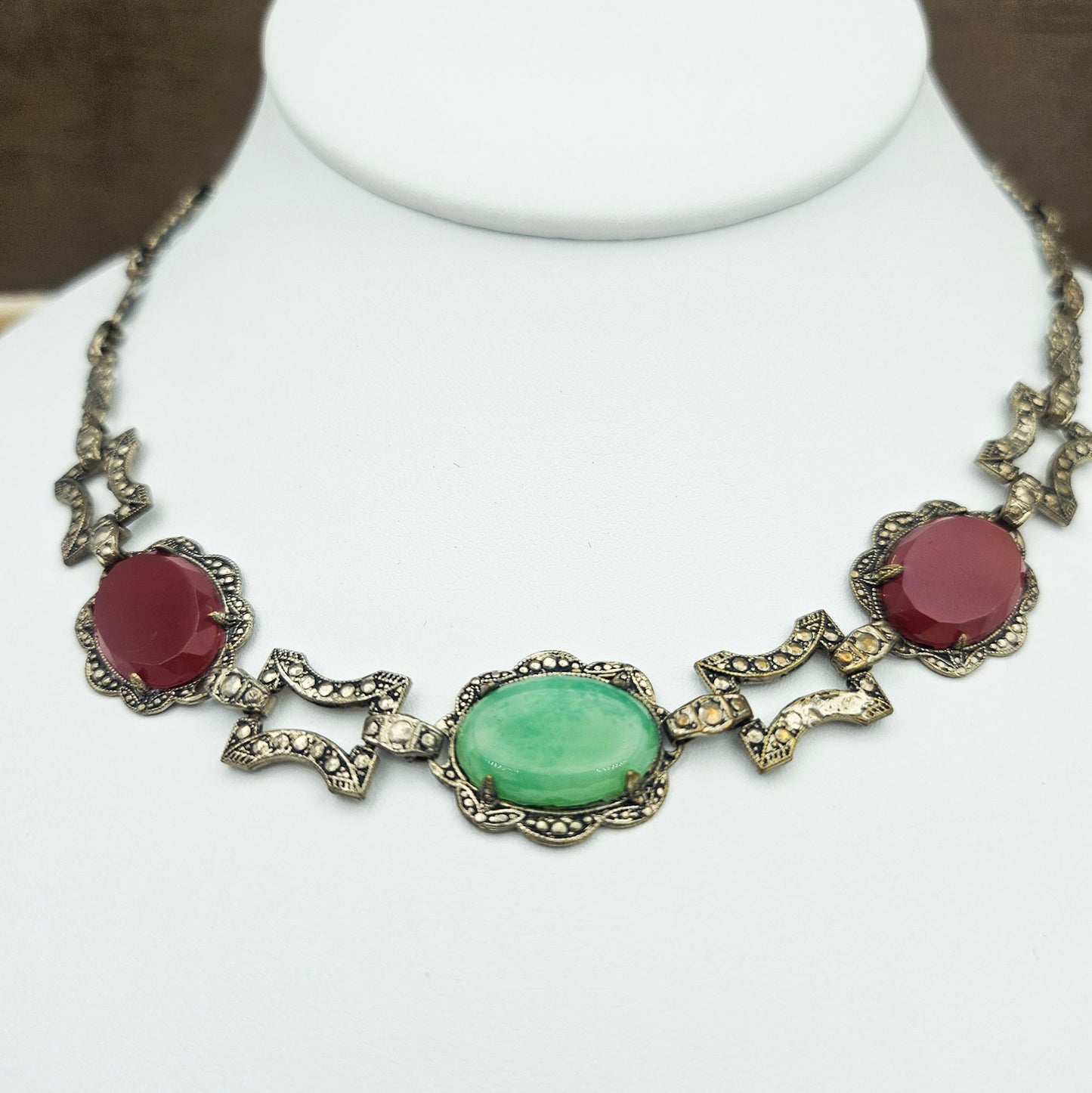 Peking Glass & Carnelian-Color Glass Marcasite Necklace | Vintage Statement Jewelry