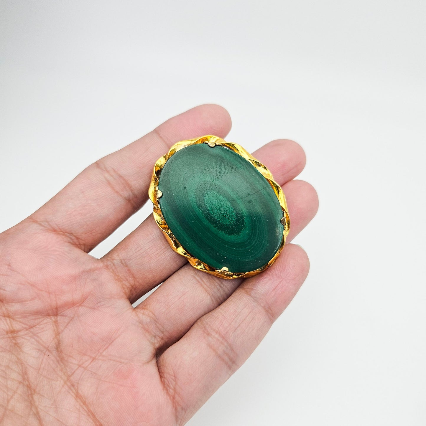 Large Oval Malachite Stone Brooch | Vintage Gold-Tone Estate Pin