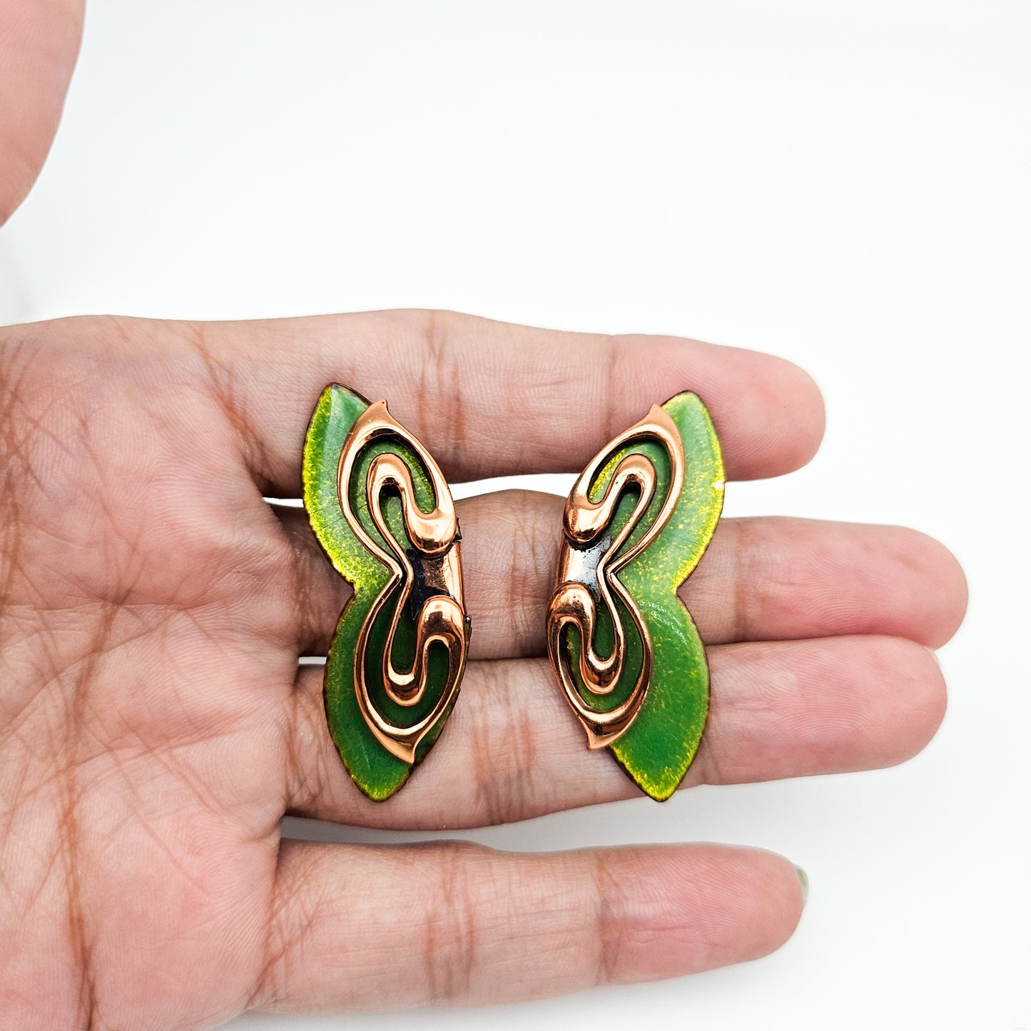 Signed Matisse Green Enamel Butterfly Earrings | Mid-Century Copper Jewelry