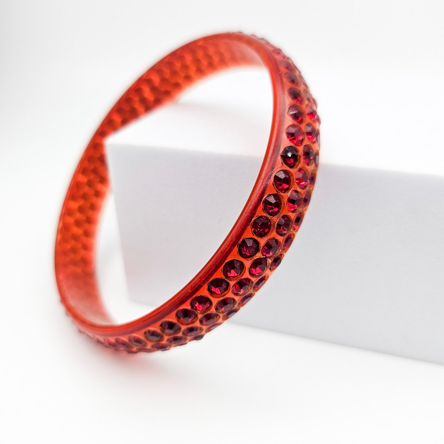 Red Rhinestone Celluloid Bangle Bracelet | 3-Row Art Deco Jewelry
