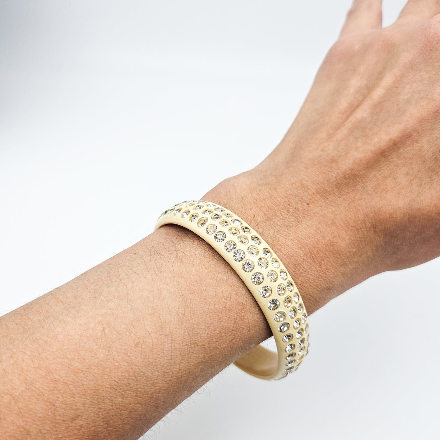 White Celluloid Rhinestone Bangle Bracelet | Art Deco Era Vintage Jewelry