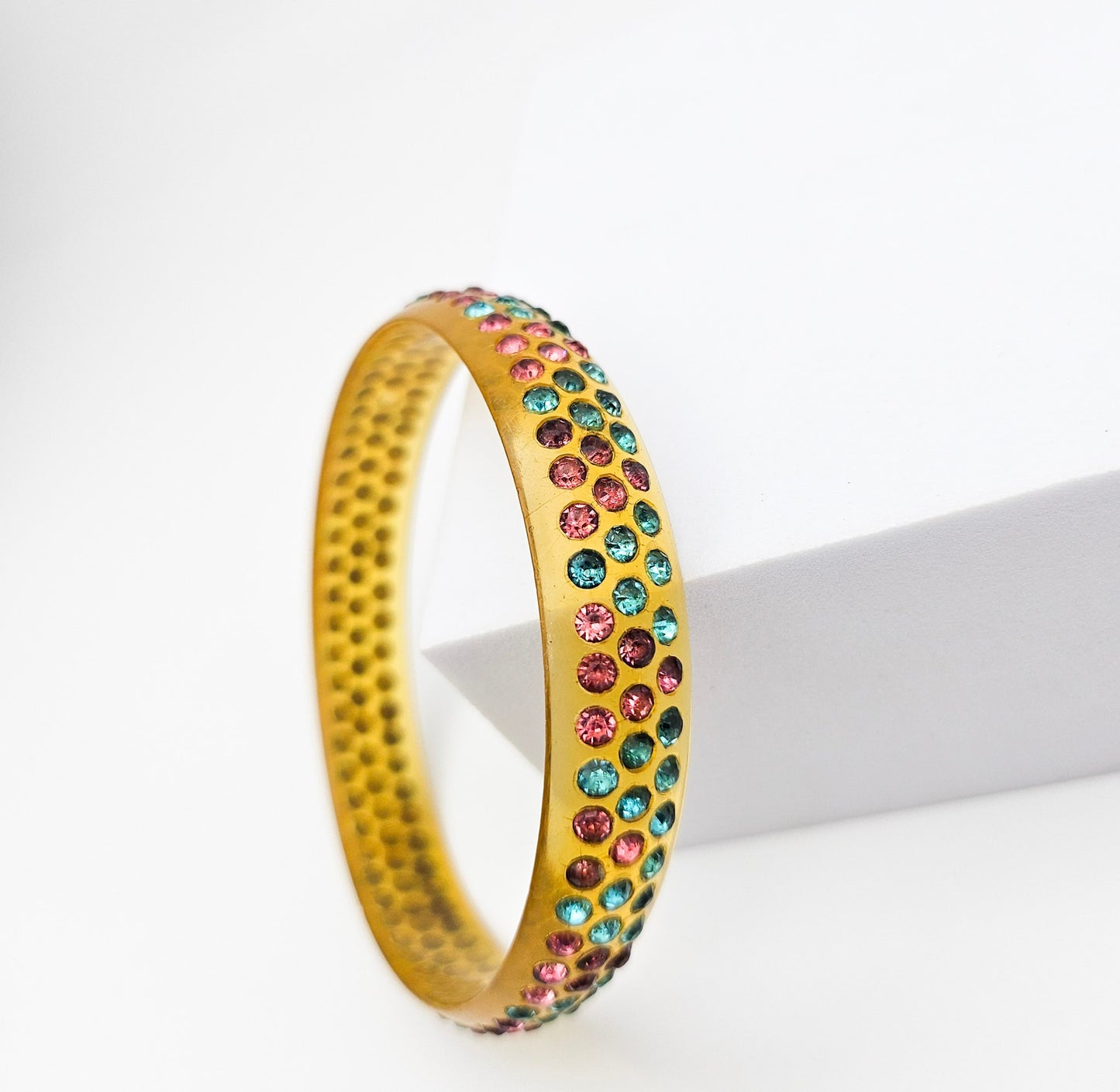 Multicolor Rhinestone Celluloid Bangle Bracelet | Art Deco Style Jewelry