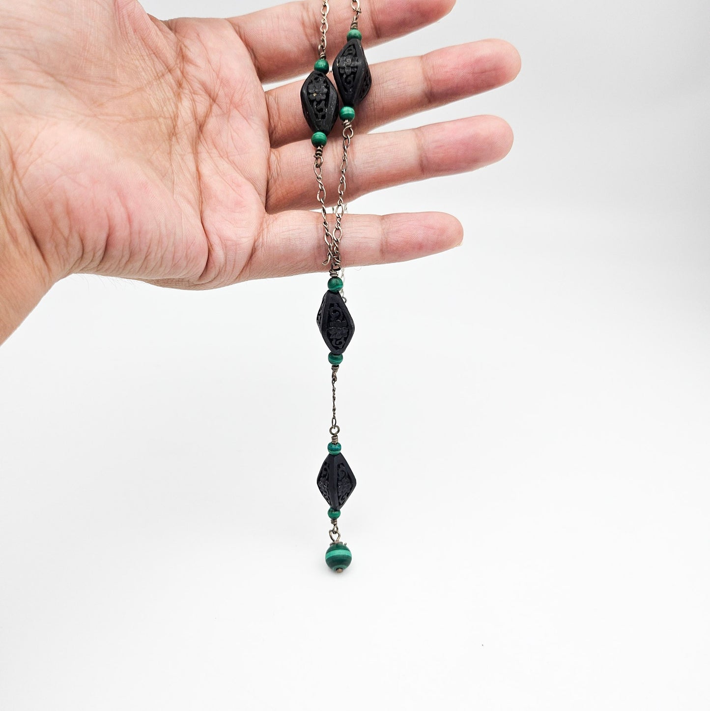 Vintage Black Cinnabar & Malachite Sterling Silver Y Necklace | Sterling Silver Art Deco Style Jewelry