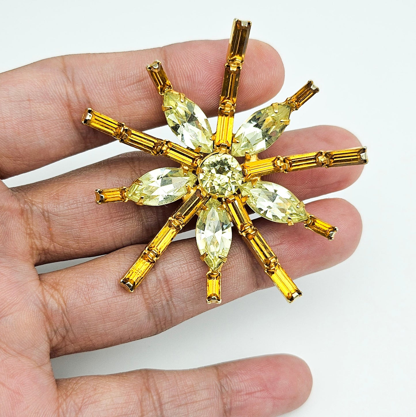 Signed Kramer Amber Rhinestone Starburst Brooch | Mid-Century Jewelry