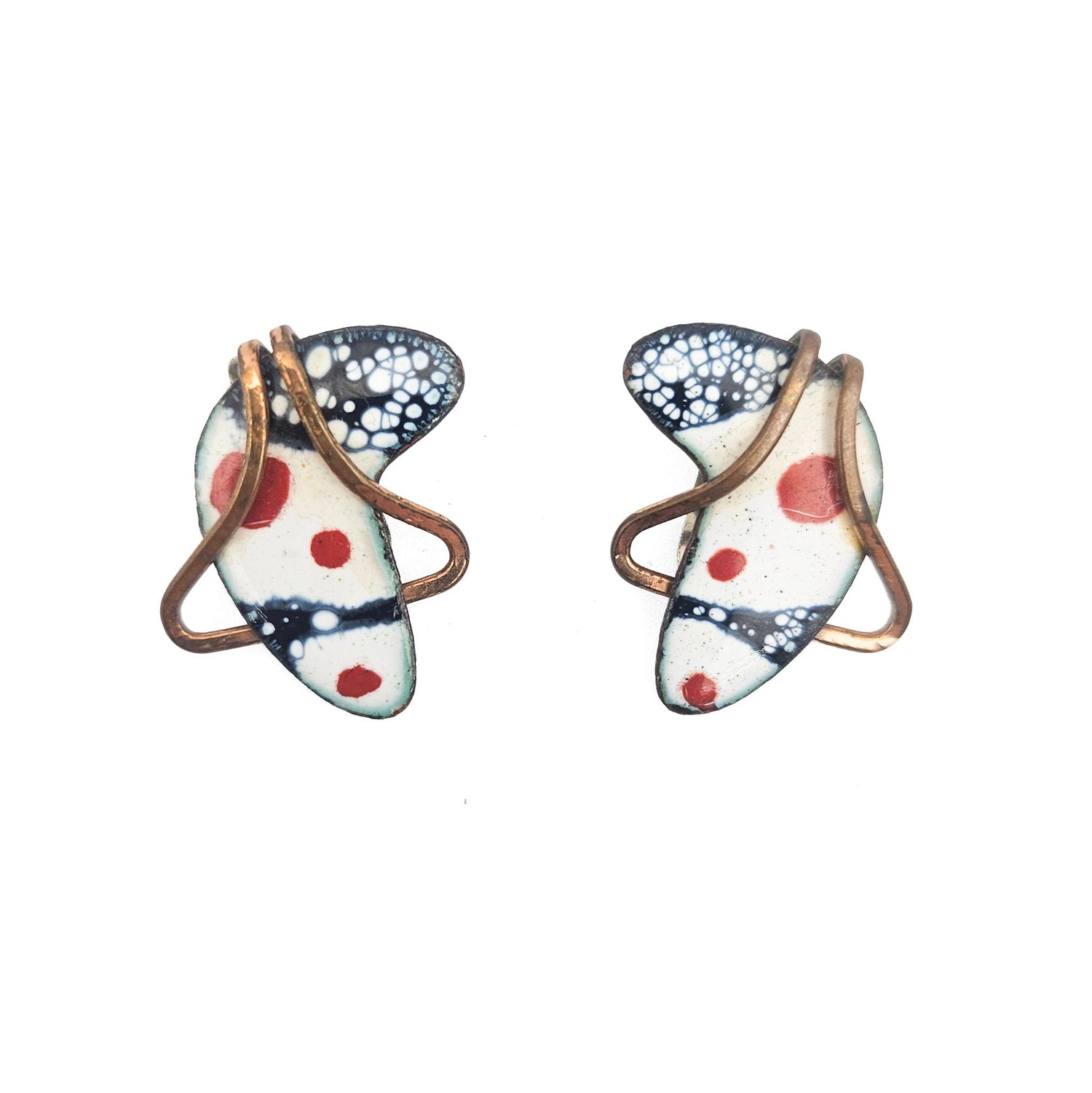 Matisse Signed White & Navy Enamel Boomerang Earrings - Mid-Century Modern / Enamel on Copper vintage jewelry