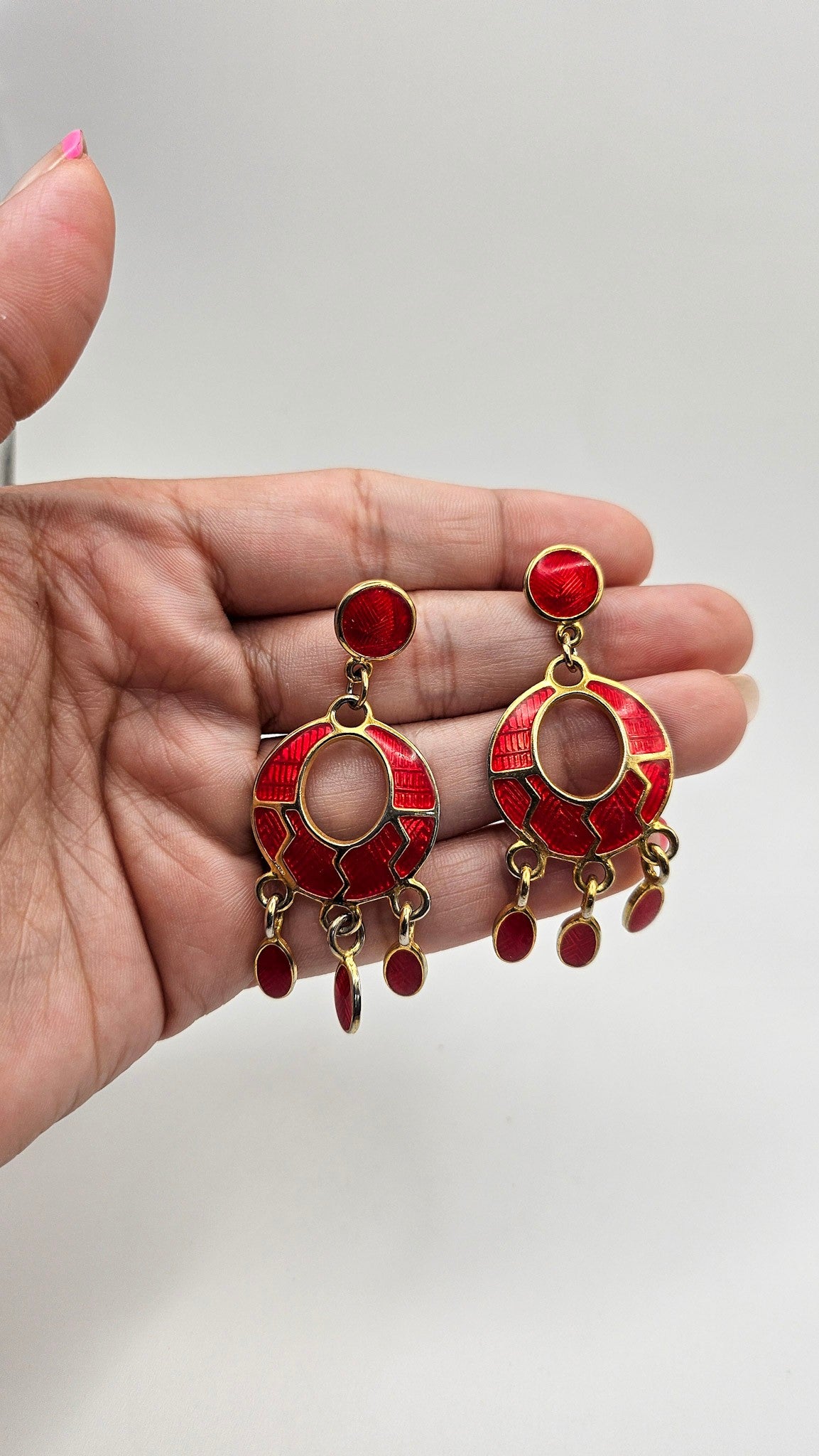 Red Berebi Signed Enamel Dangle Earrings - earrings detail