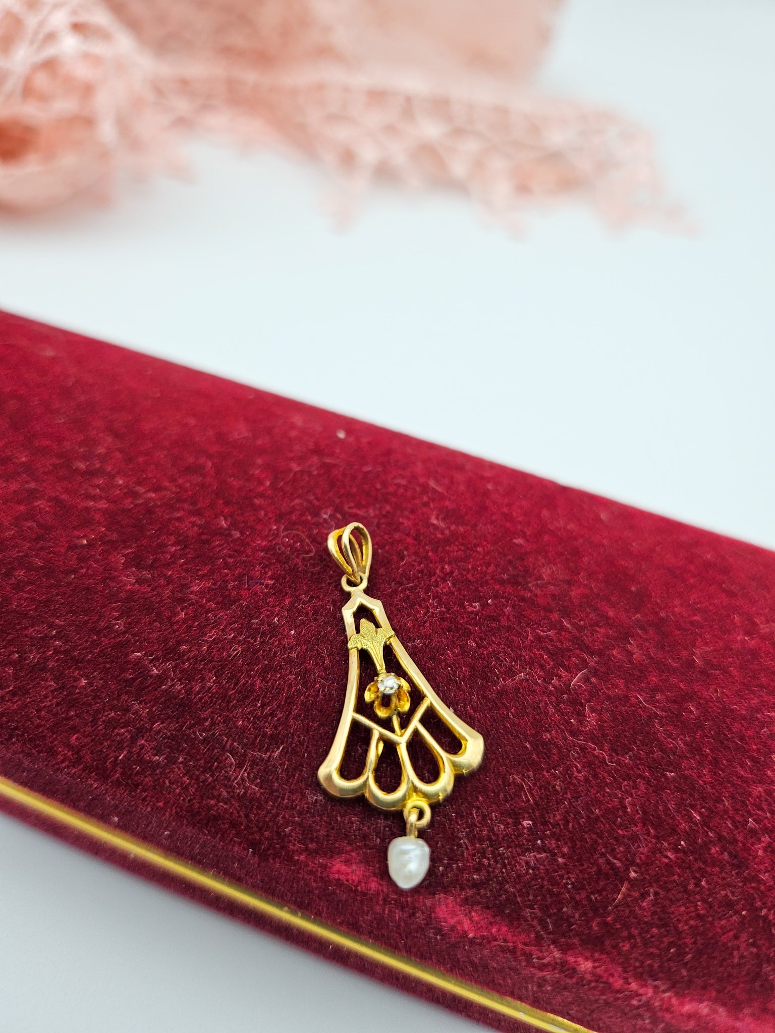 Vintage Gold, Pearl & White Stone Lavalier Pendant | Estate Jewelry