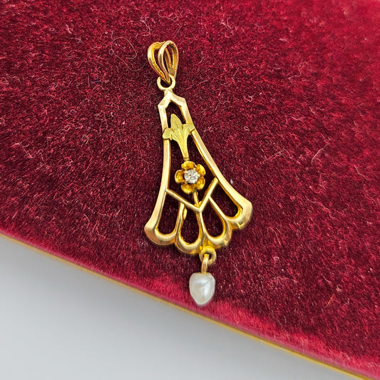Vintage Gold, Pearl & White Stone Lavalier Pendant | Estate Jewelry