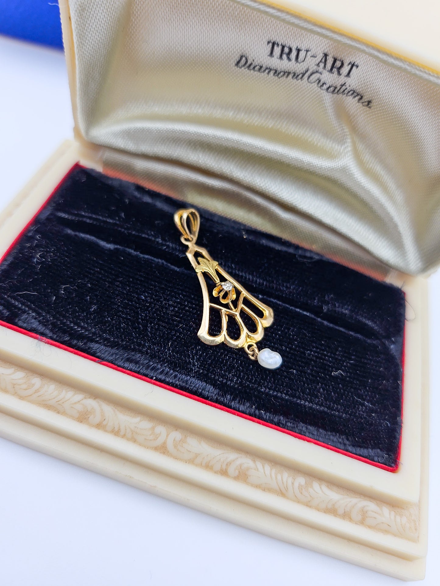 Vintage Gold, Pearl & White Stone Lavalier Pendant | Estate Jewelry