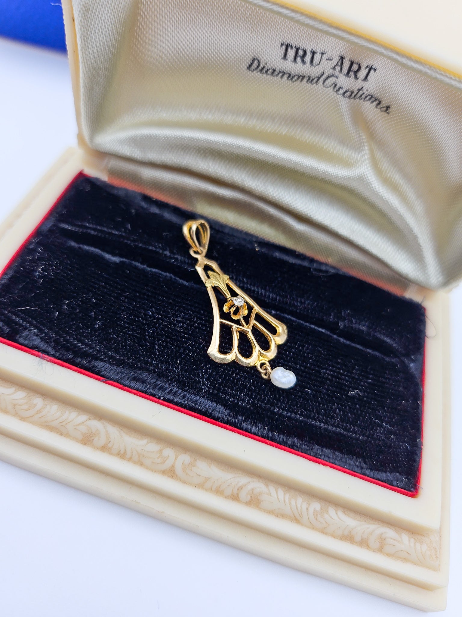 Vintage Gold, Pearl & White Stone Lavalier Pendant | Estate Jewelry