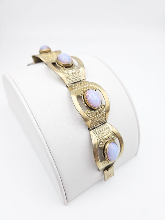 Mexican Sterling Silver Faux Opal Panel Bracelet | Eagle Mark Vintage Jewelry
