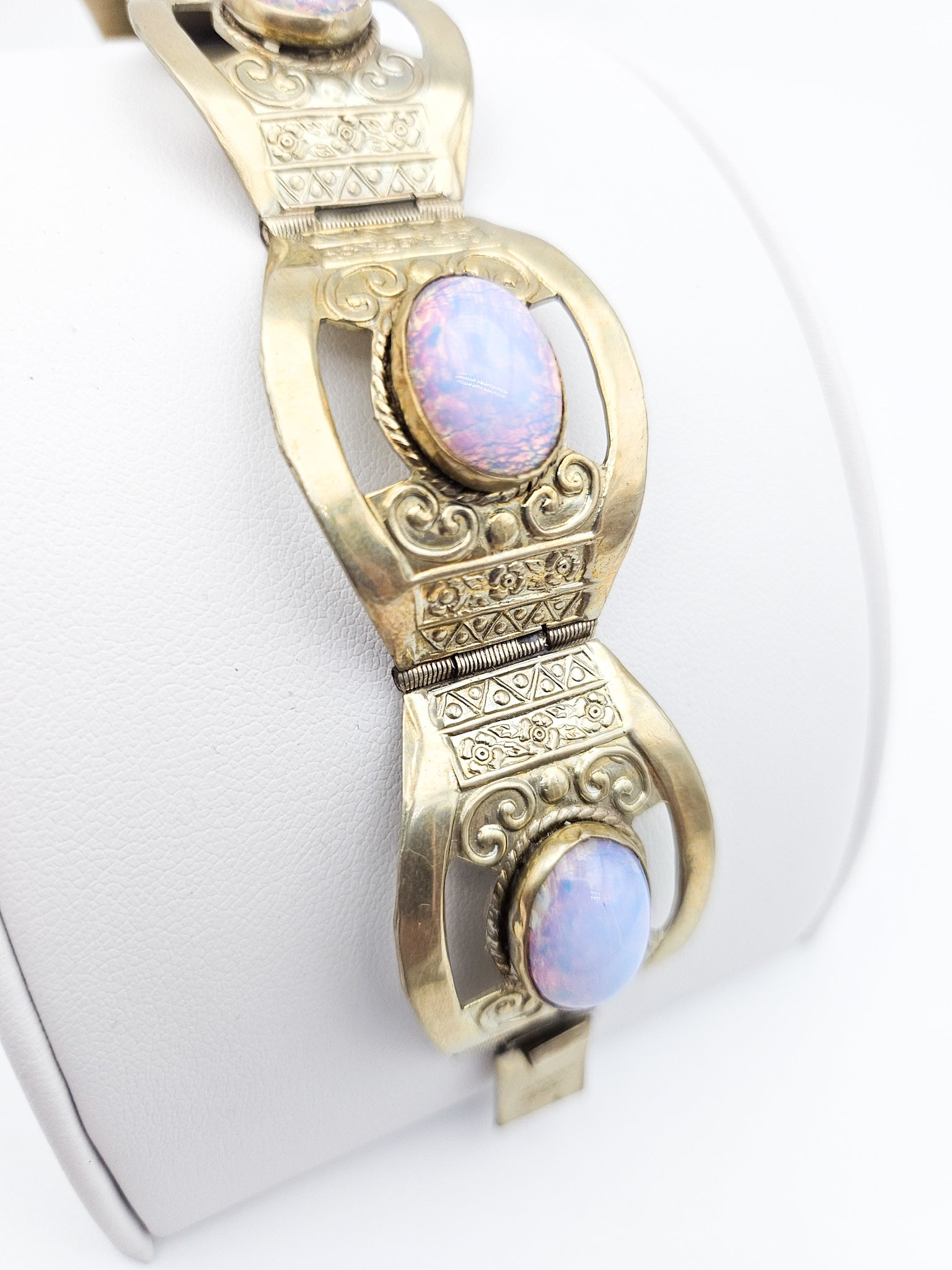 Mexican Sterling Silver Faux Opal Panel Bracelet | Eagle Mark Vintage Jewelry
