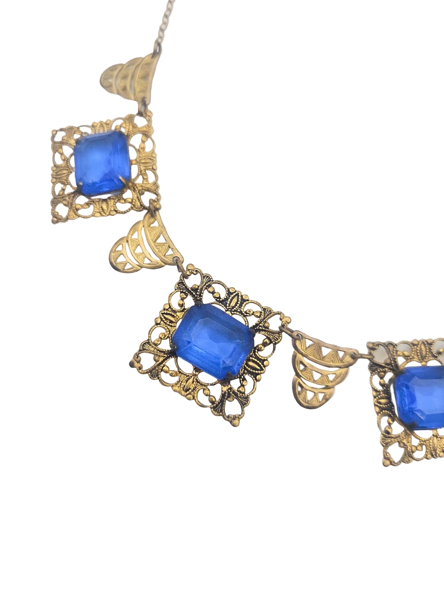 Art Deco Blue Glass Filigree Necklace - necklace detail