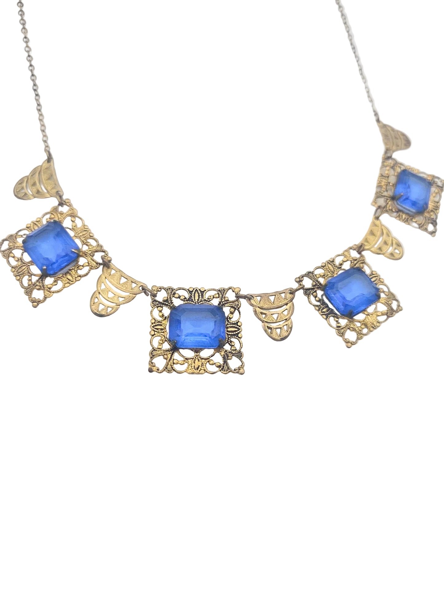 Art Deco Blue Glass Filigree Necklace - necklace detail