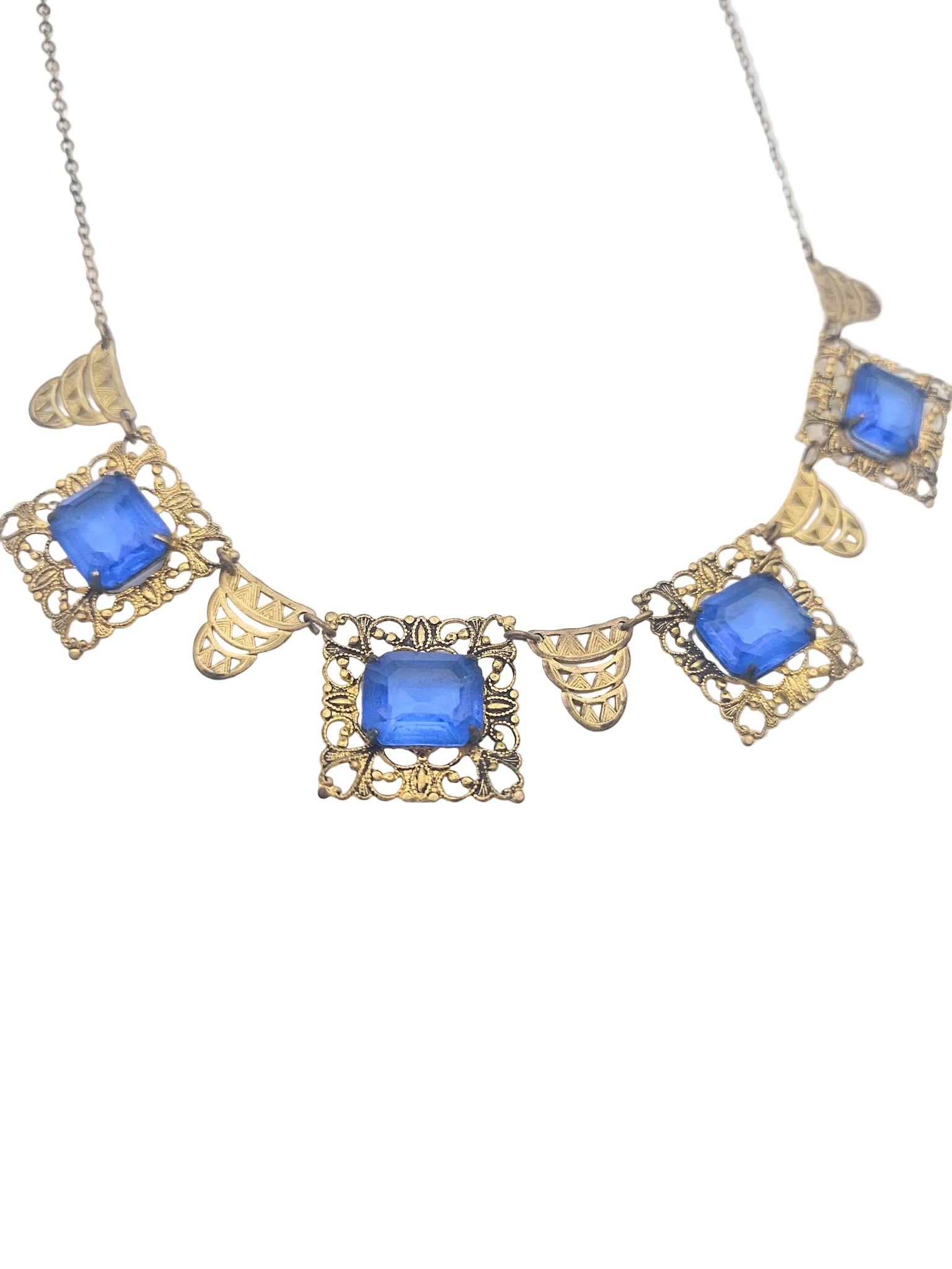 Art Deco Blue Glass Filigree Necklace - necklace detail