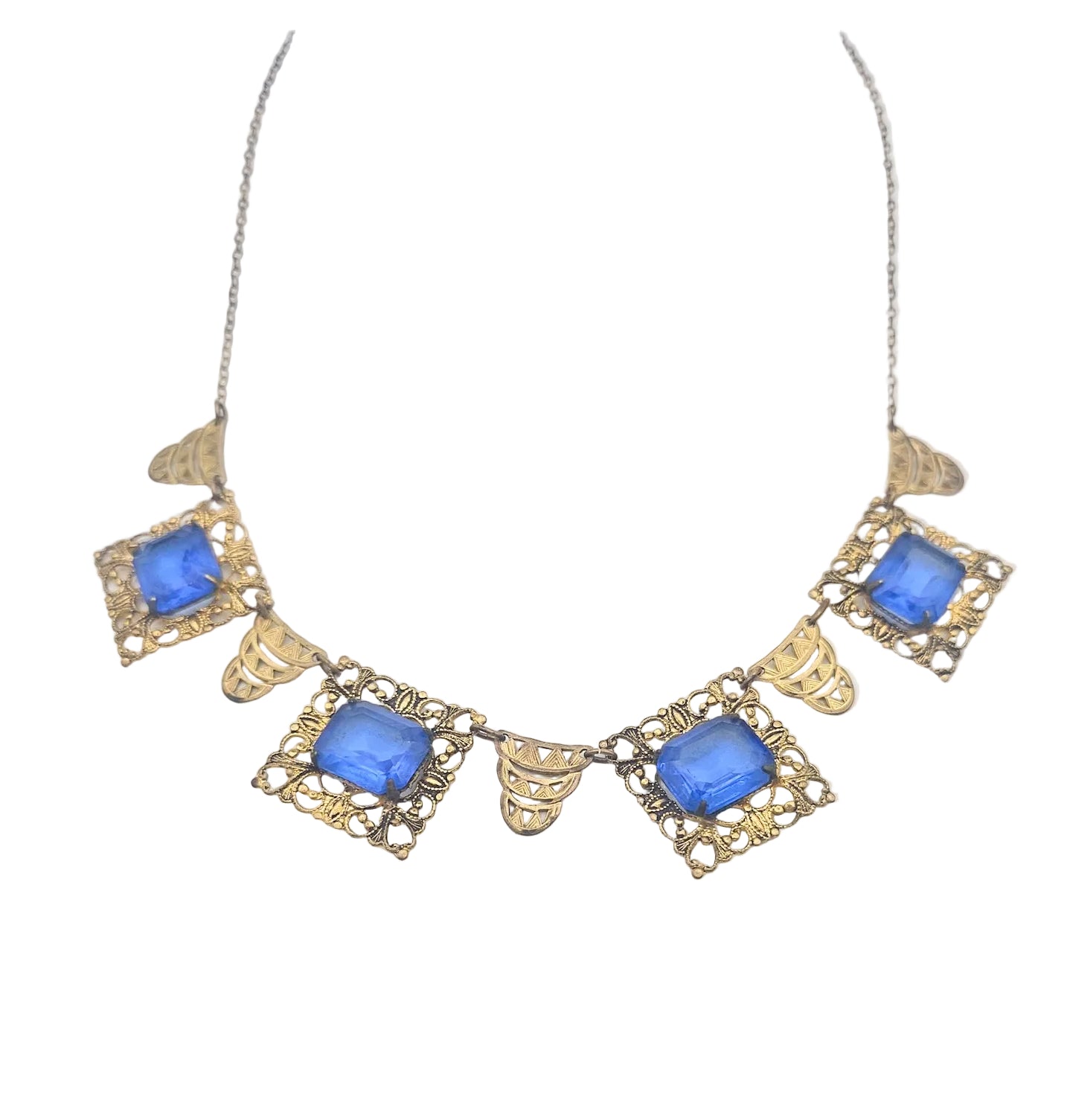 Art Deco Blue Glass Filigree Necklace - Art Deco / Art Nouveau Revival vintage jewelry