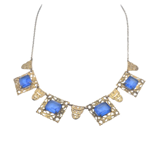Art Deco Blue Glass Filigree Necklace - Art Deco / Art Nouveau Revival vintage jewelry