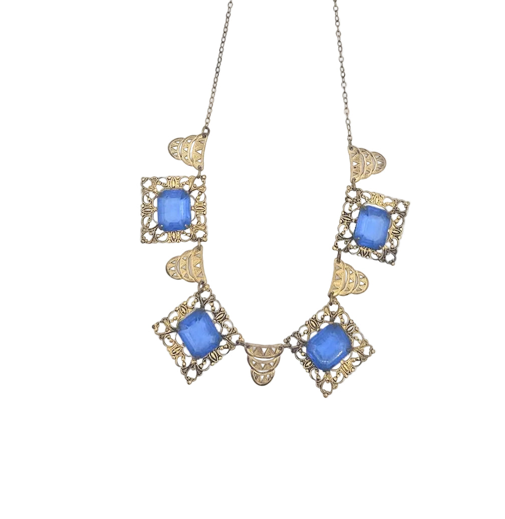 Art Deco Blue Glass Filigree Necklace - necklace detail