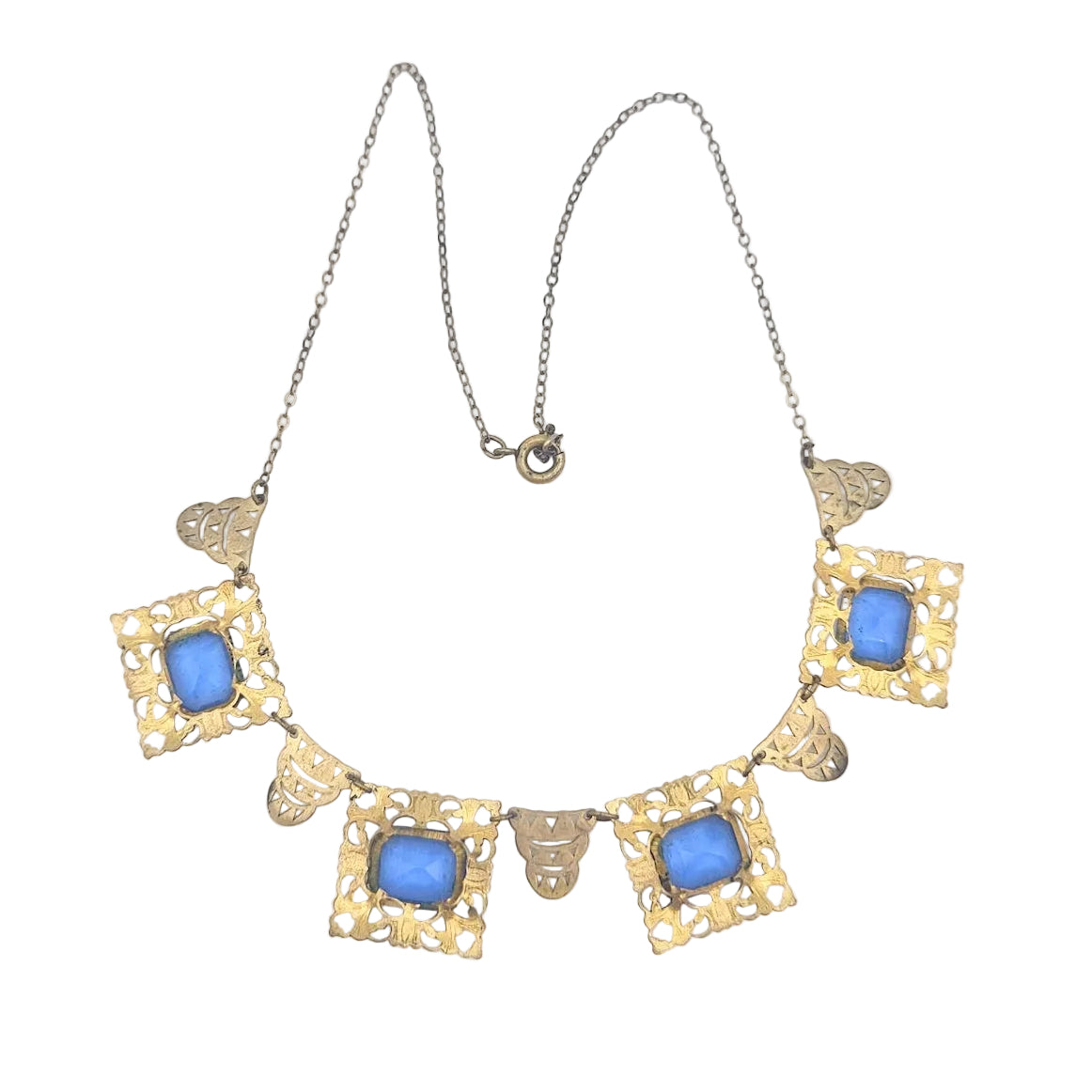 Art Deco Blue Glass Filigree Necklace - necklace detail