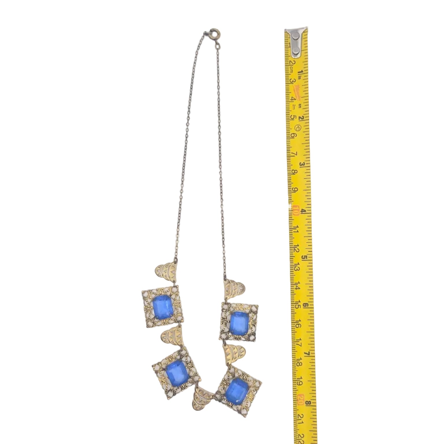 Art Deco Blue Glass Filigree Necklace - necklace detail