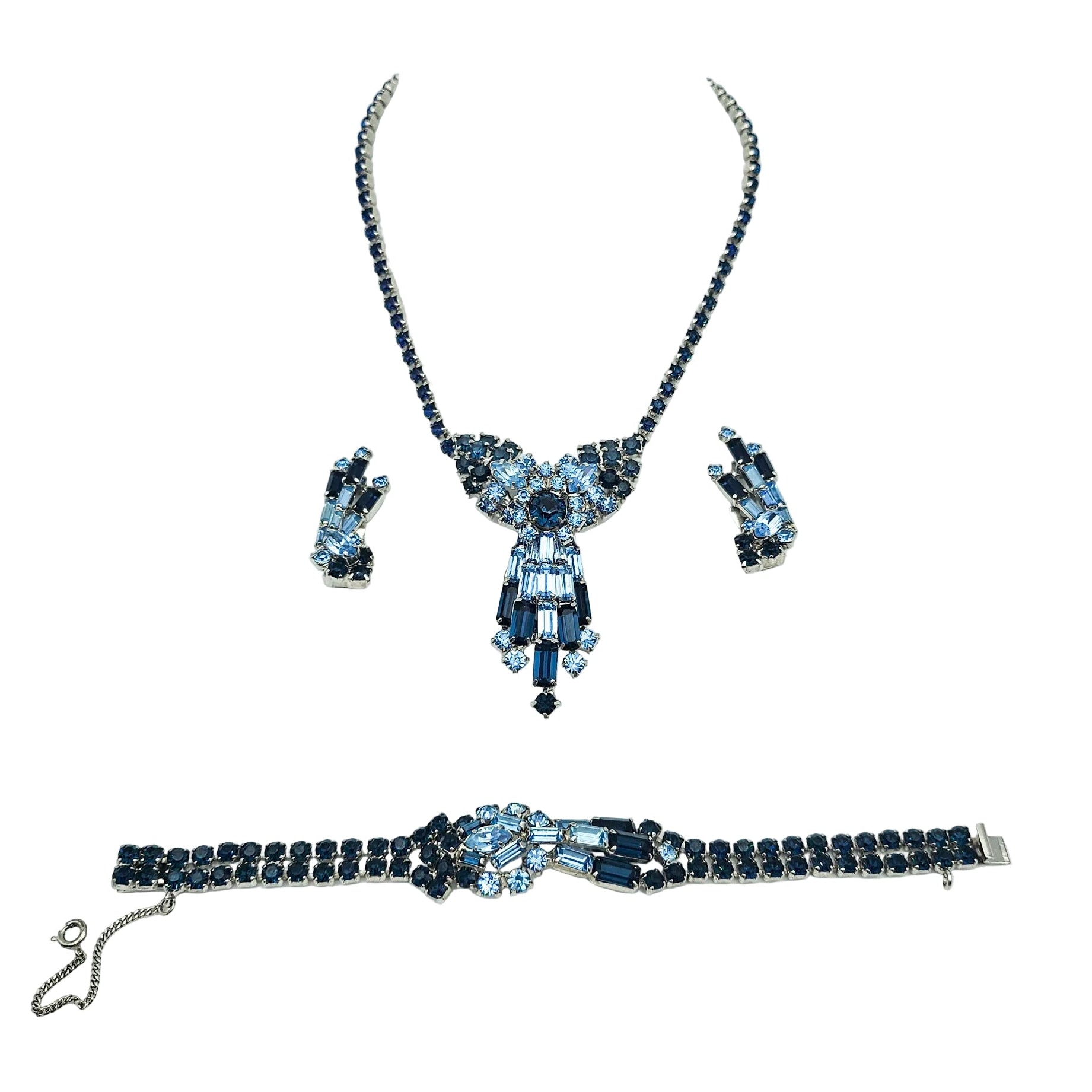 Vintage Designer Blue Rhinestone Demi-Parure | Necklace, Bracelet & Earrings Set
