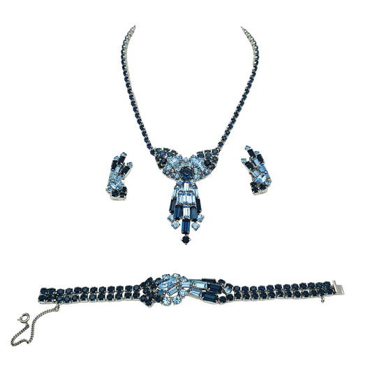 Vintage Designer Blue Rhinestone Demi-Parure | Necklace, Bracelet & Earrings Set