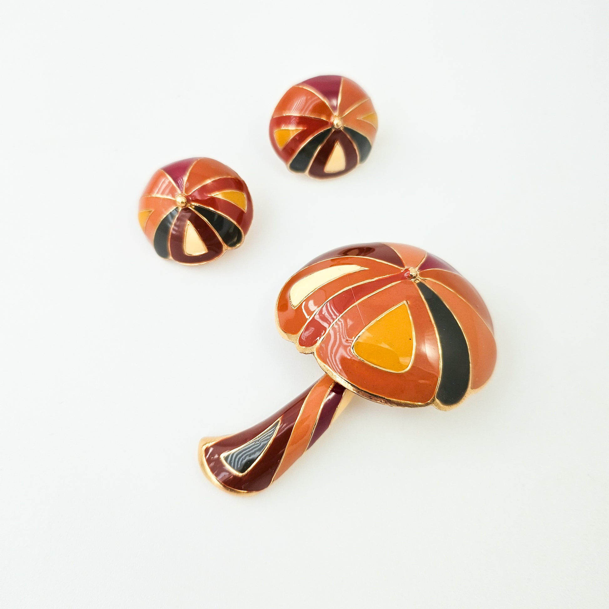 Signed Designer Mushroom Brooch & Earrings Set | 1960s–70s Jewelry