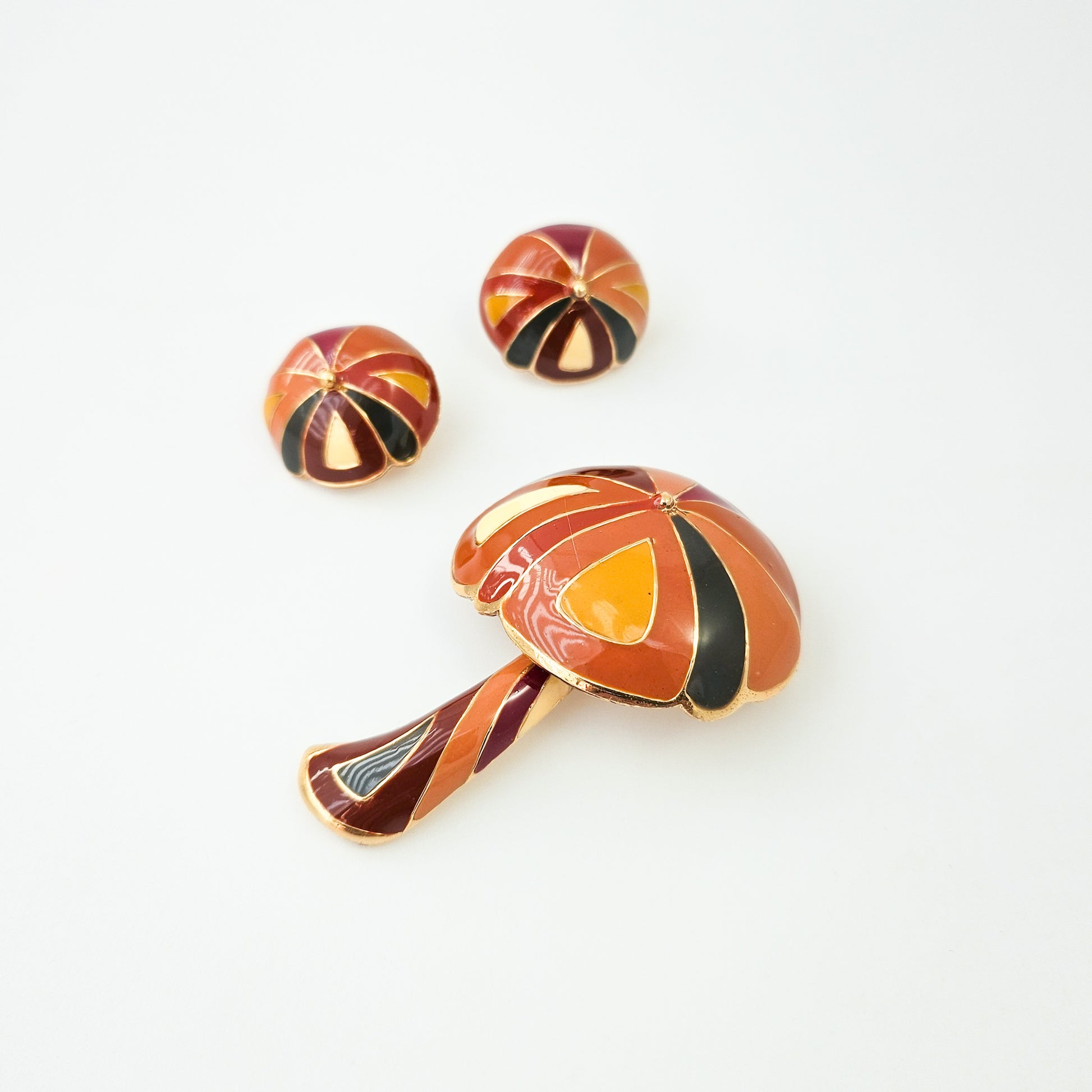 Signed Designer Mushroom Brooch & Earrings Set | 1960s–70s Jewelry