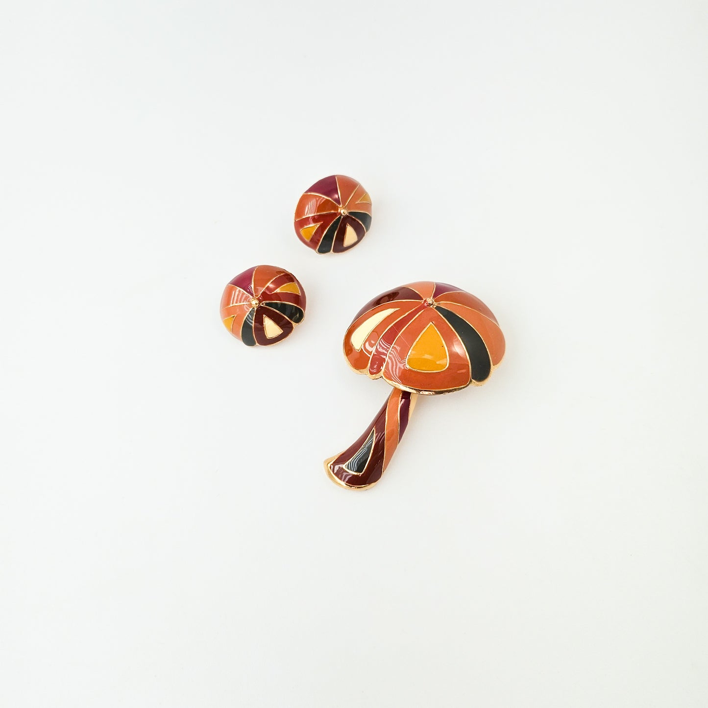 Signed Designer Mushroom Brooch & Earrings Set | 1960s–70s Jewelry