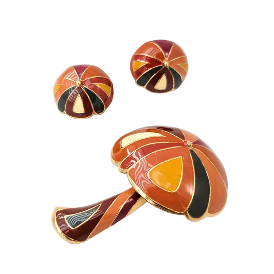 Signed Designer Mushroom Brooch & Earrings Set | 1960s–70s Jewelry