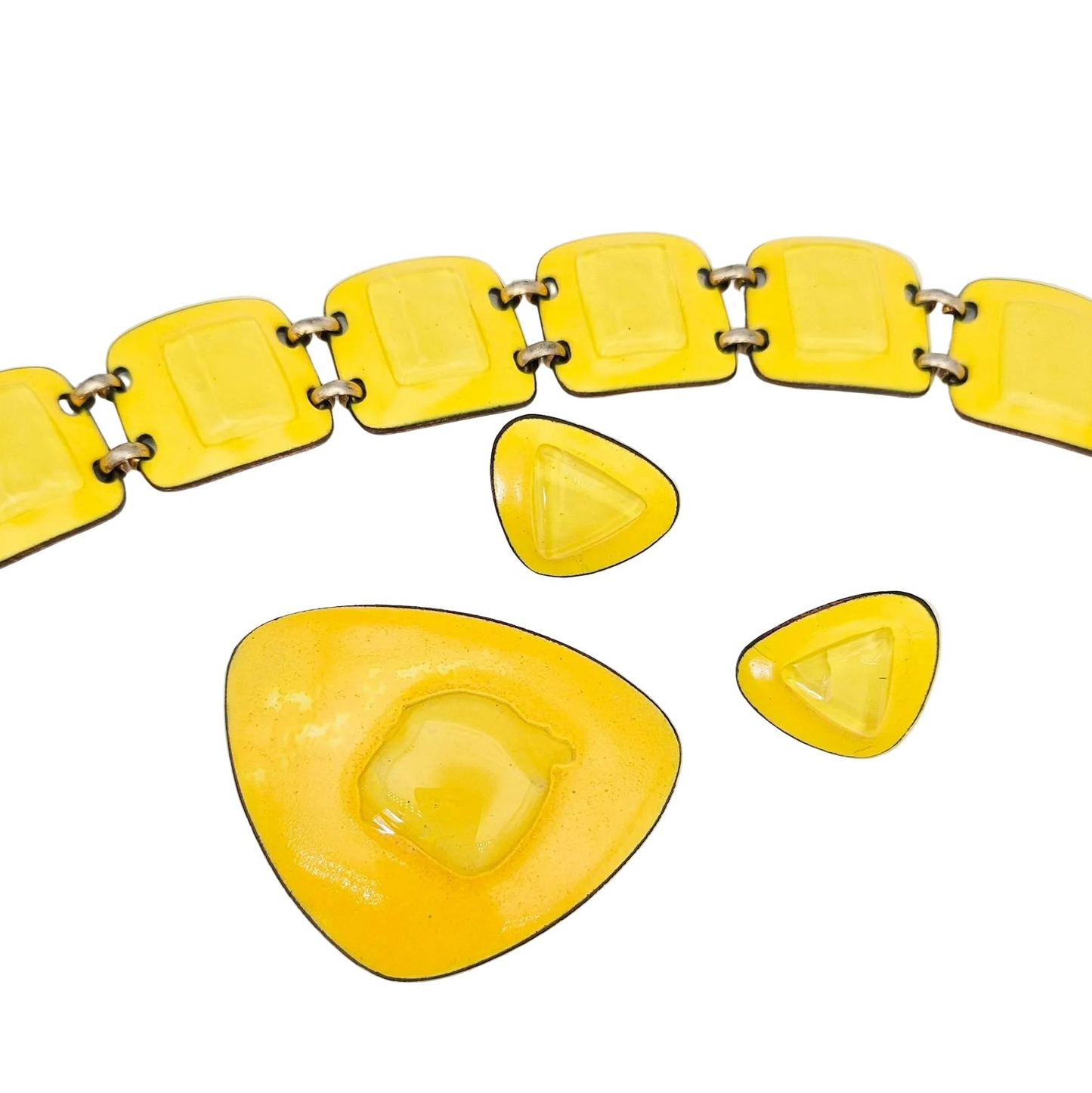 Signed Kay Denning Yellow Enamel & Fused Glass 3-Piece Modernist Jewelry Set