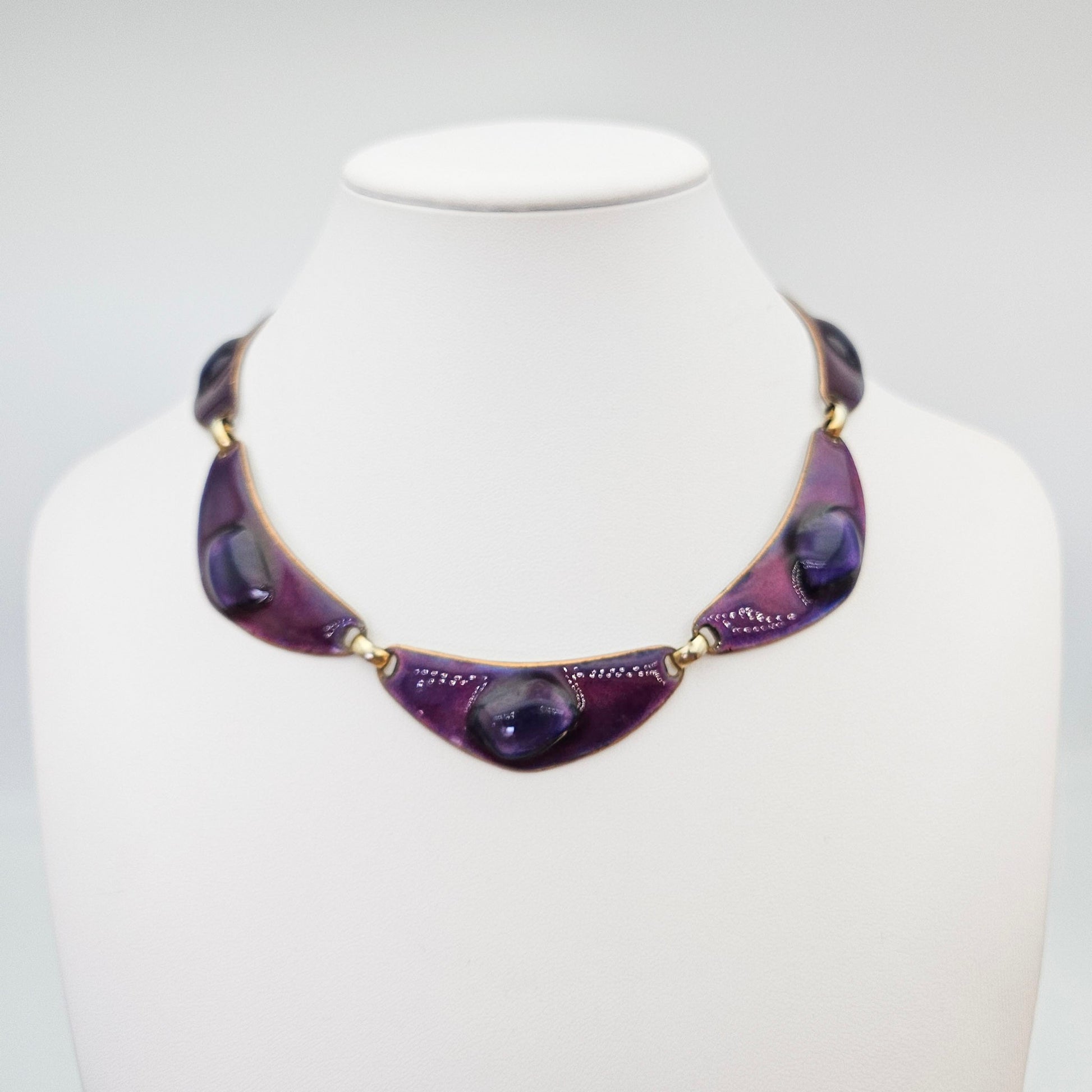 Kay Den Signed Purple Enamel & Glass on Copper Necklace - necklace detail