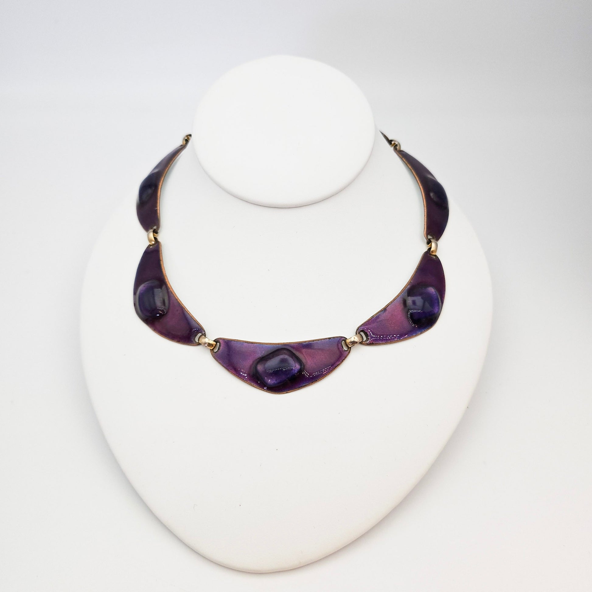 Kay Den Signed Purple Enamel & Glass on Copper Necklace - necklace detail