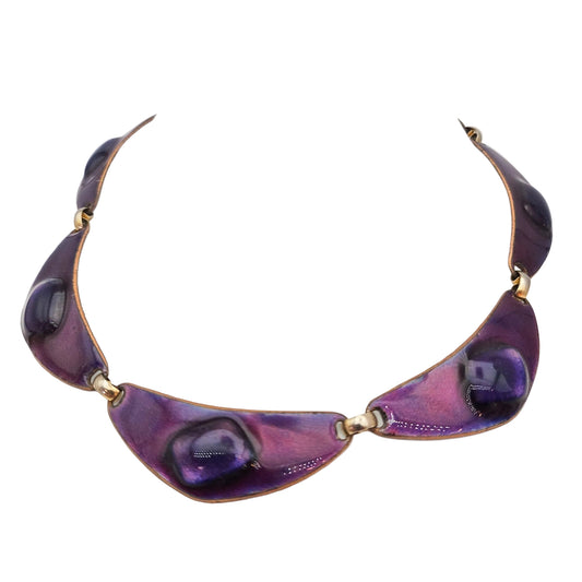 Kay Den Signed Purple Enamel & Glass on Copper Necklace - Mid-Century Modern / Enamel on Copper vintage jewelry