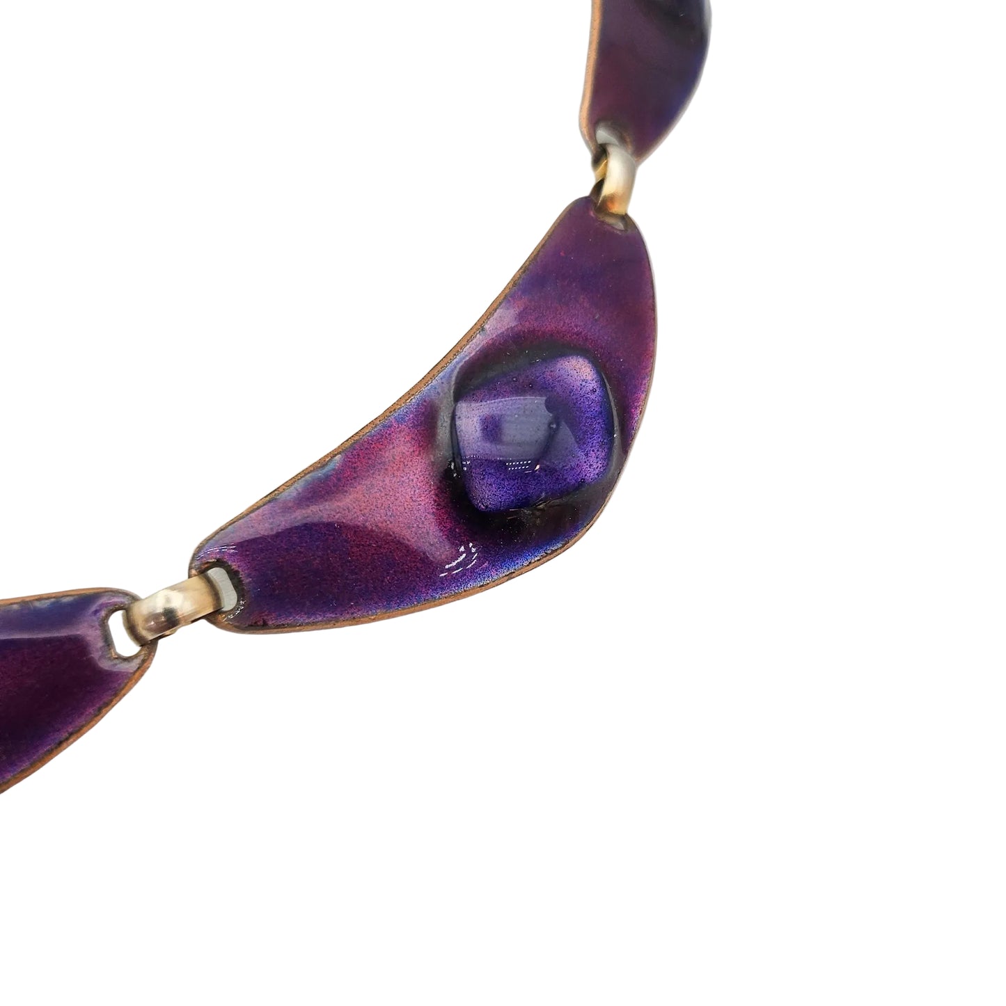 Kay Den Signed Purple Enamel & Glass on Copper Necklace - necklace detail