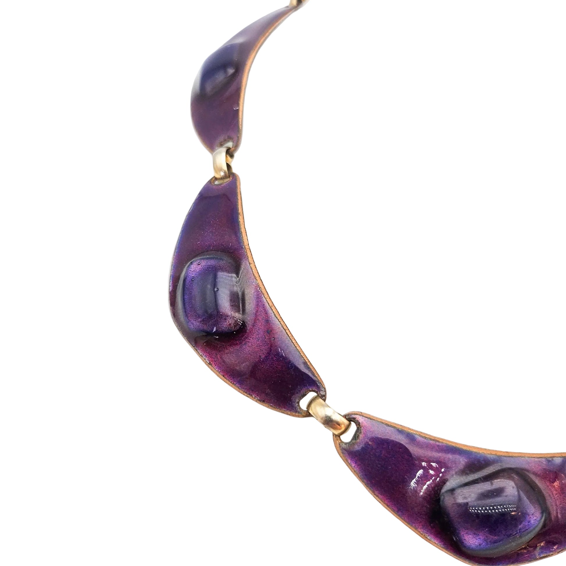 Kay Den Signed Purple Enamel & Glass on Copper Necklace - necklace detail