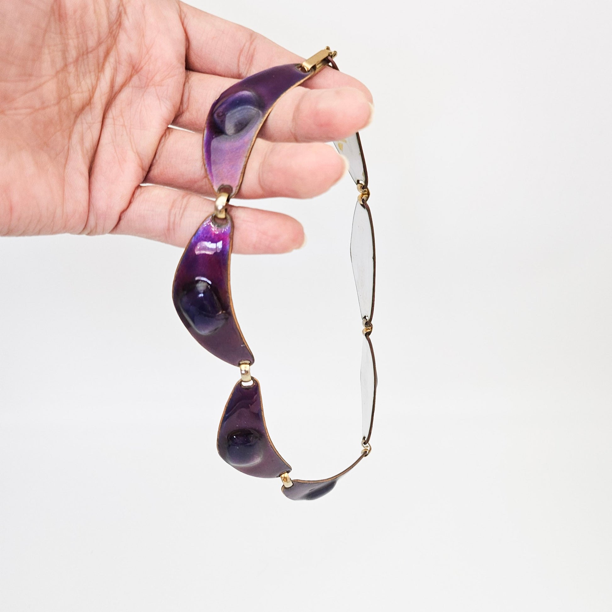Kay Den Signed Purple Enamel & Glass on Copper Necklace - necklace detail