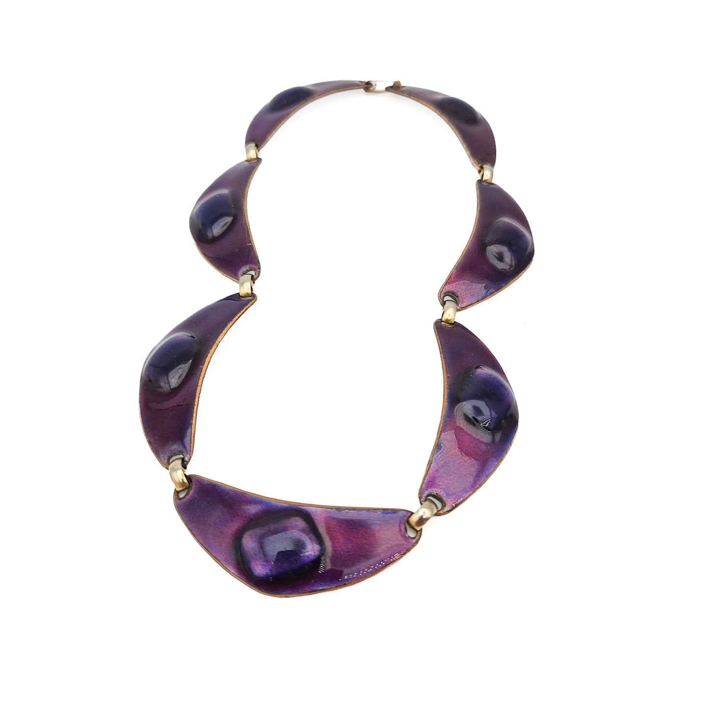 Kay Den Signed Purple Enamel & Glass on Copper Necklace - necklace detail