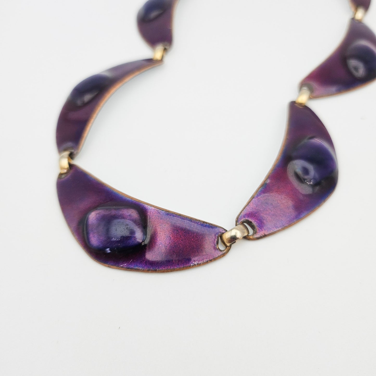 Kay Den Signed Purple Enamel & Glass on Copper Necklace - necklace detail