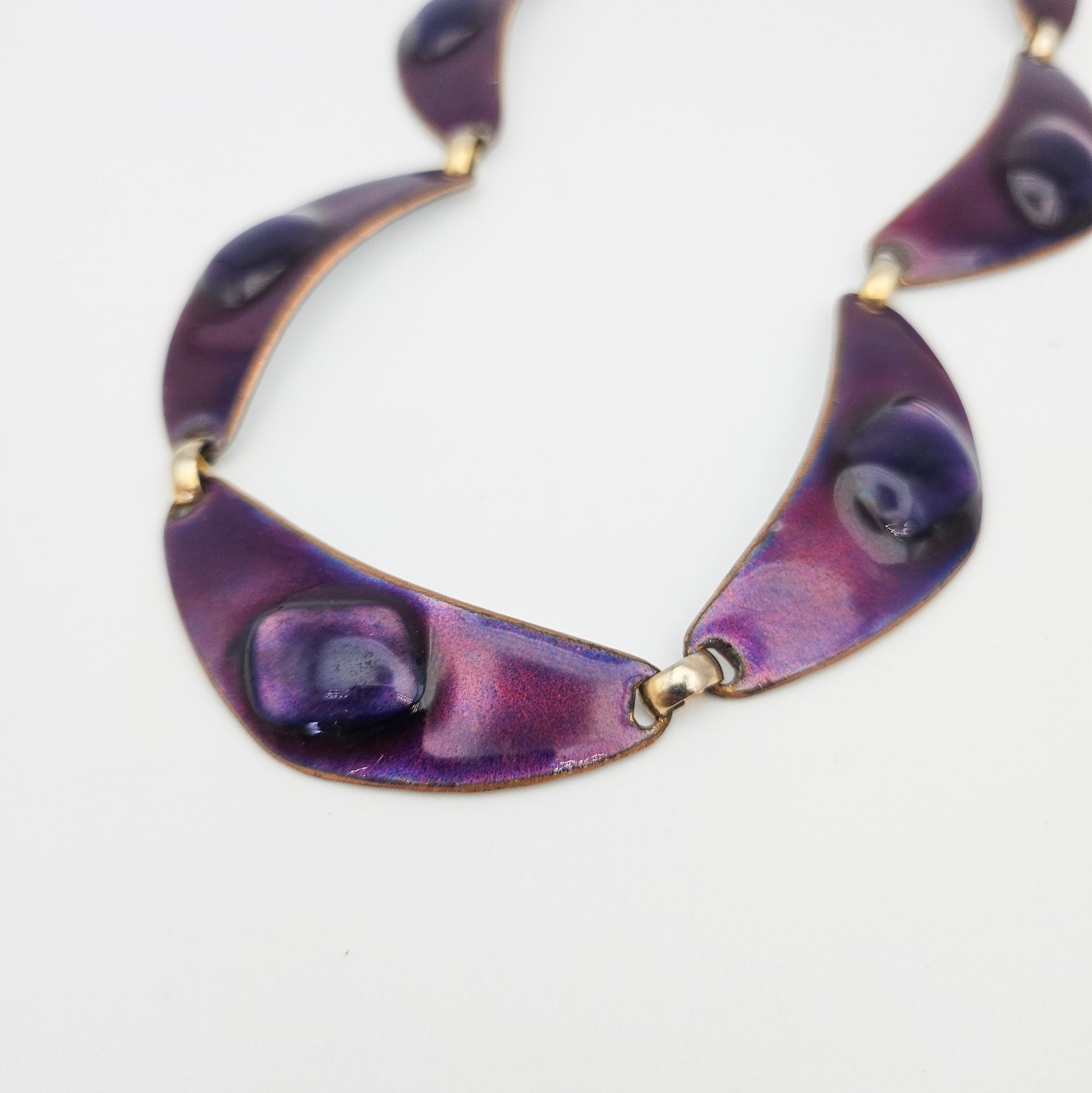 Kay Den Signed Purple Enamel & Glass on Copper Necklace - necklace detail