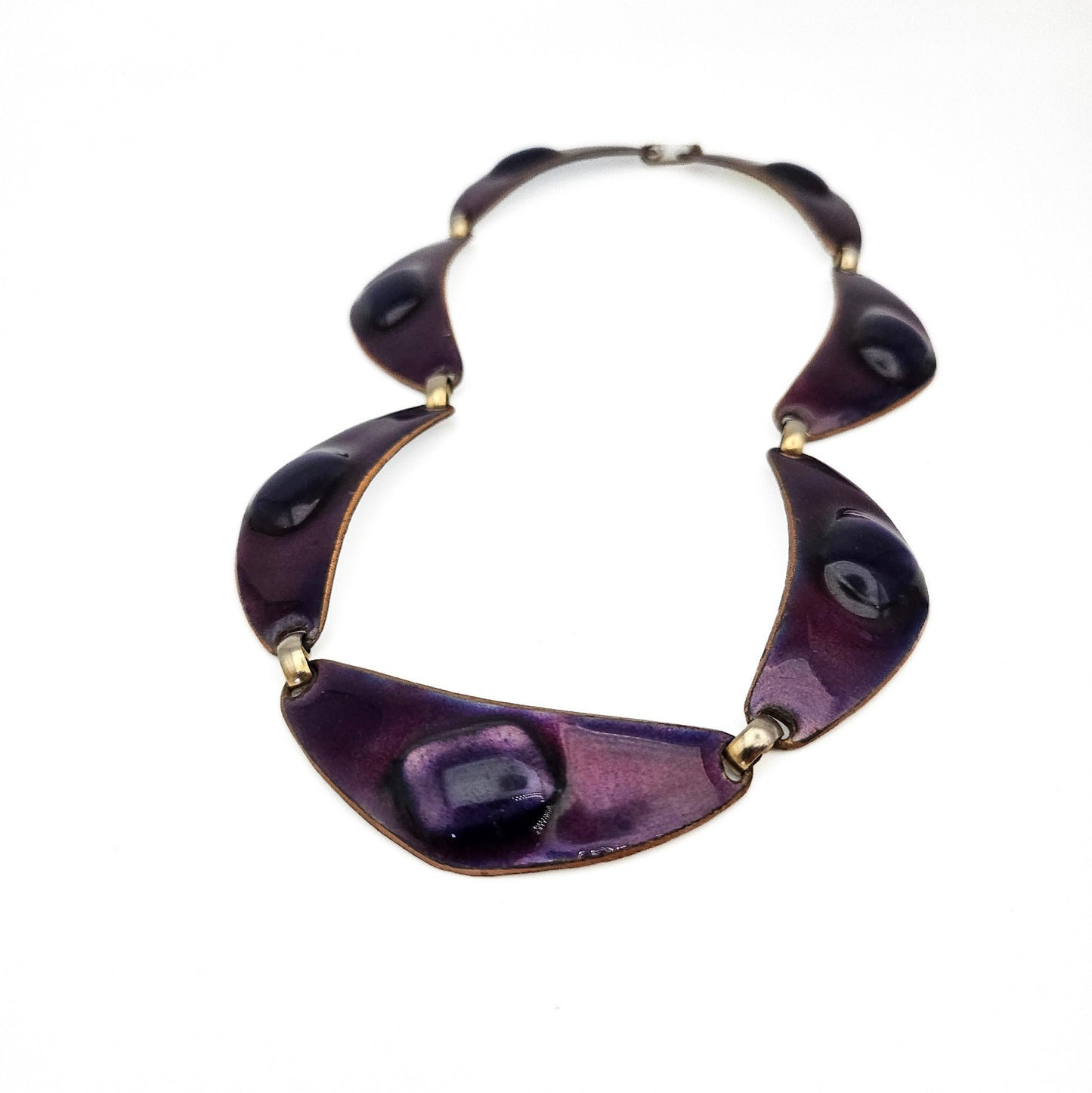 Kay Den Signed Purple Enamel & Glass on Copper Necklace - necklace detail