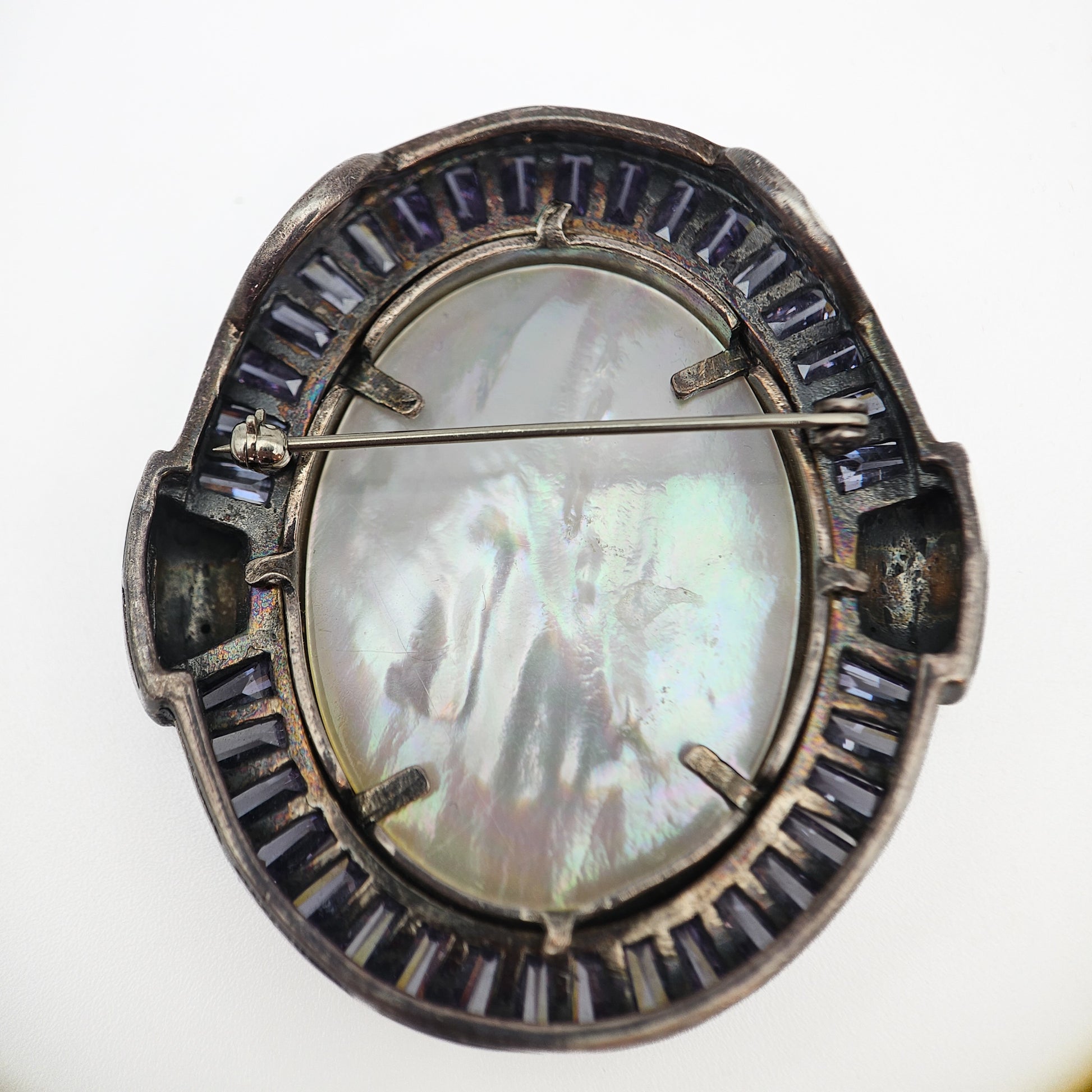 Mother of Pearl Cameo & Purple CZ Pendant Brooch | Vintage Convertible Jewelry