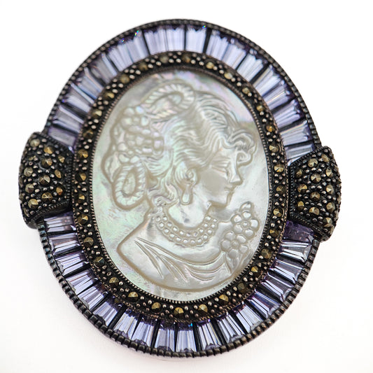 Mother of Pearl Cameo & Purple CZ Pendant Brooch | Vintage Convertible Jewelry