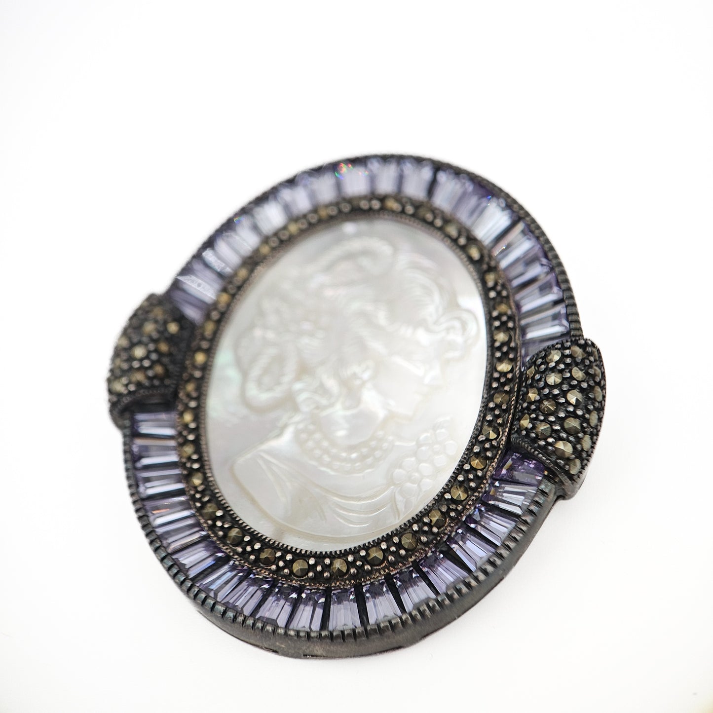Mother of Pearl Cameo & Purple CZ Pendant Brooch | Vintage Convertible Jewelry