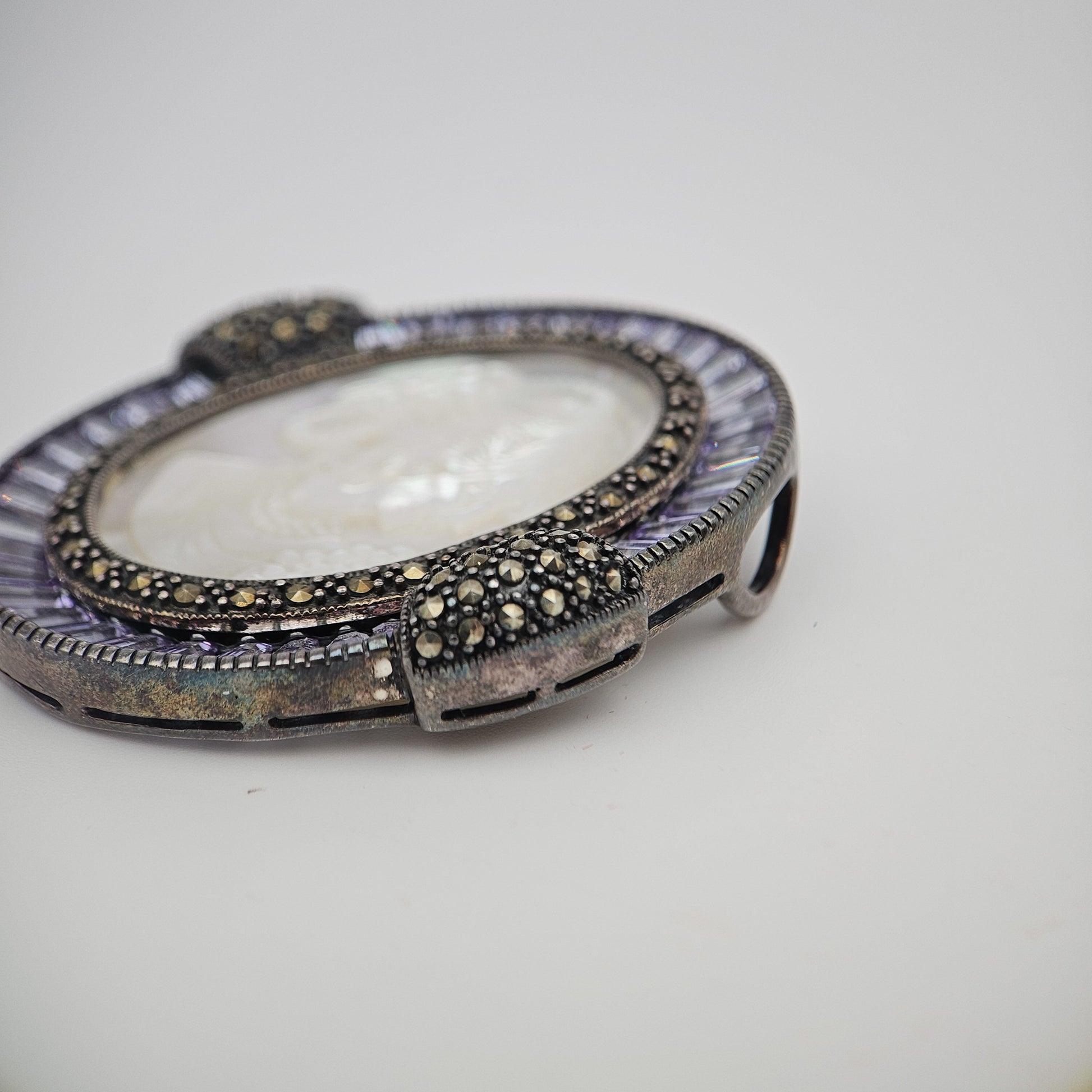 Mother of Pearl Cameo & Purple CZ Pendant Brooch | Vintage Convertible Jewelry