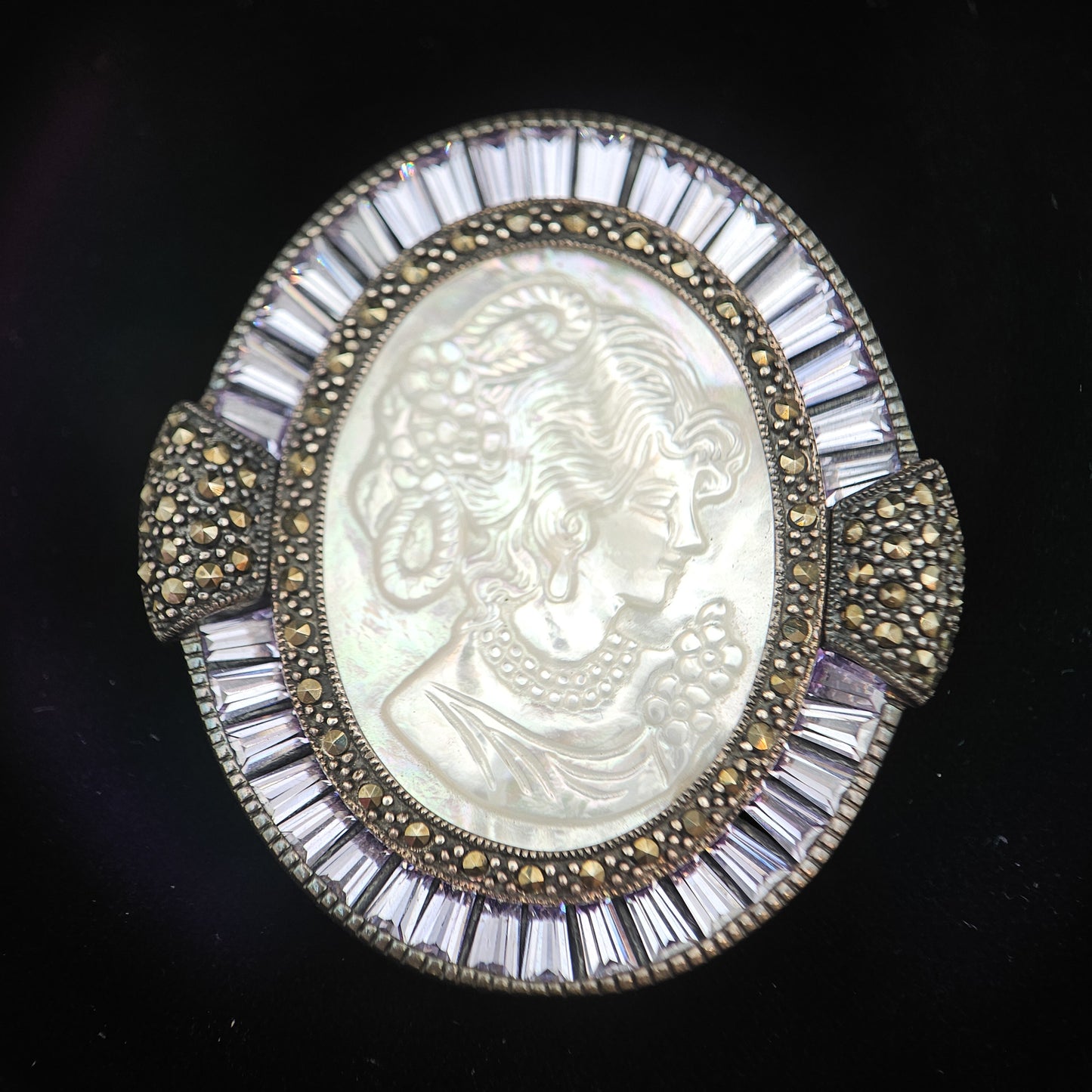 Mother of Pearl Cameo & Purple CZ Pendant Brooch | Vintage Convertible Jewelry