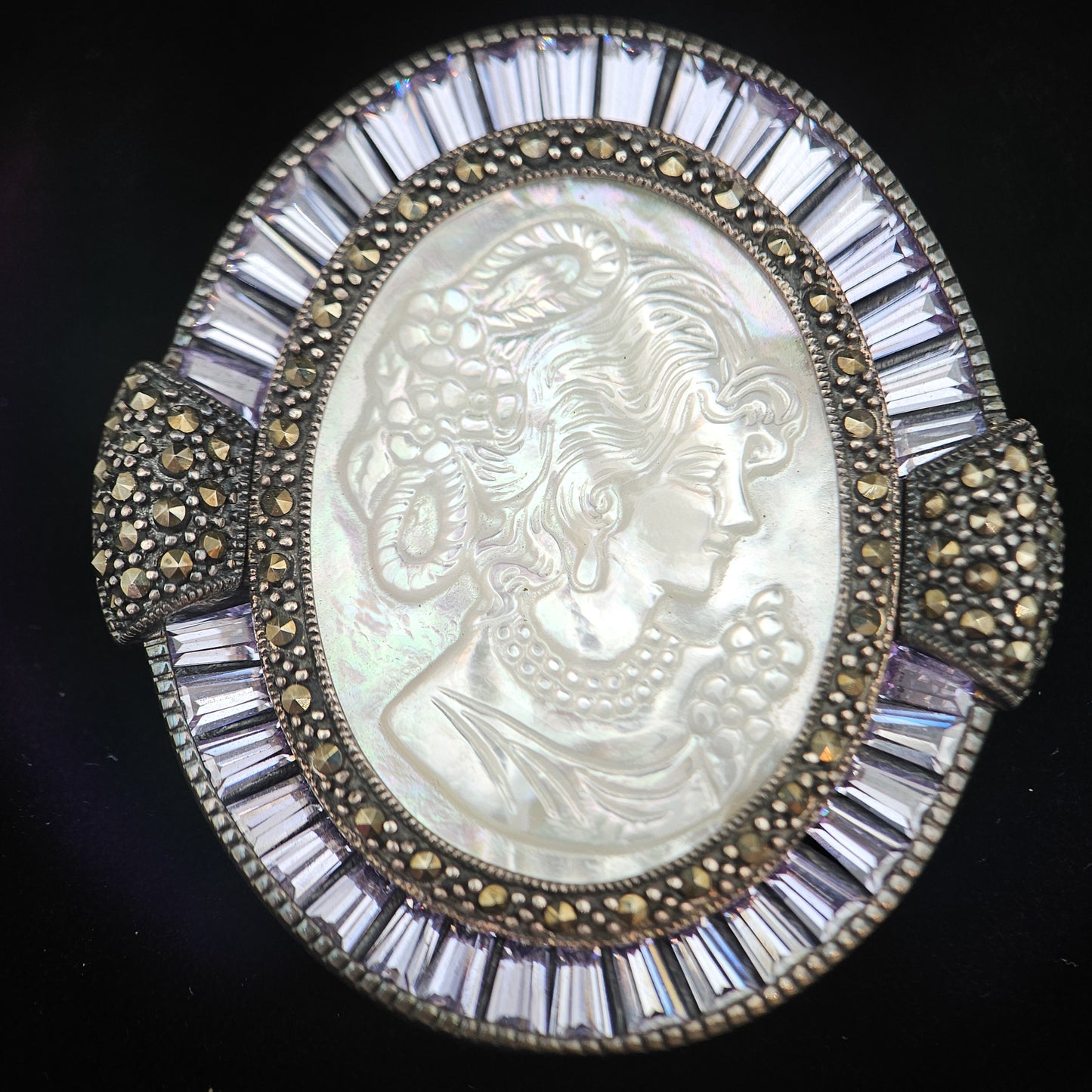 Mother of Pearl Cameo & Purple CZ Pendant Brooch | Vintage Convertible Jewelry