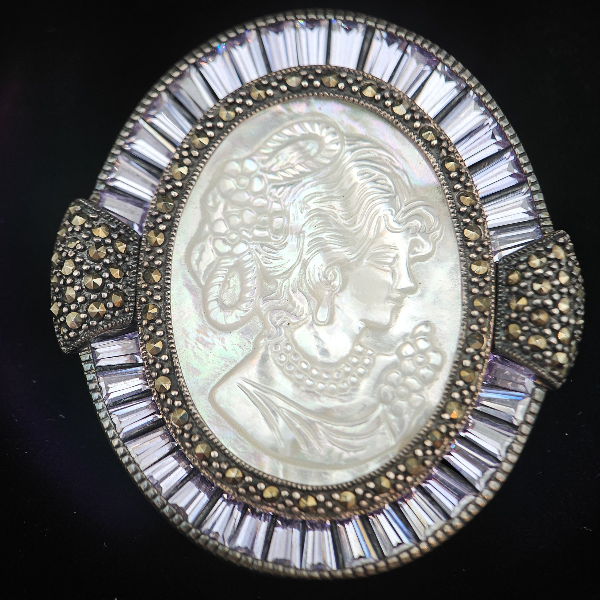Mother of Pearl Cameo & Purple CZ Pendant Brooch | Vintage Convertible Jewelry